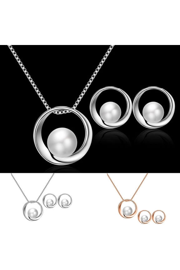 Women Necklace Set Faux Pearl Jewelry Earrings Wedding Round Fashion Bridal Pendant