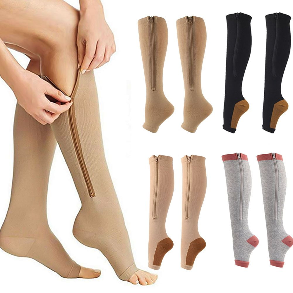 SPRING PARK Women Open Toe Zipper Calf Knee High Stocking Compression ...