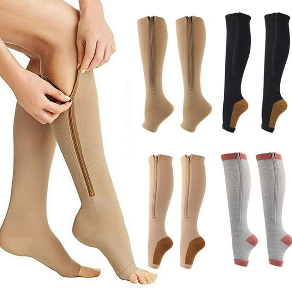 SPRING PARK Women Open Toe Zipper Calf Knee High Stocking Compression Socks for Walking,Runnng,Hiking and Sports Use