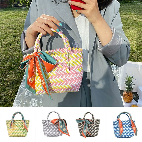 SPRING PARK Women Rattan Scarves Rattan Handbags Straw Bags Wicker Woven Large Tote Bucket Bag