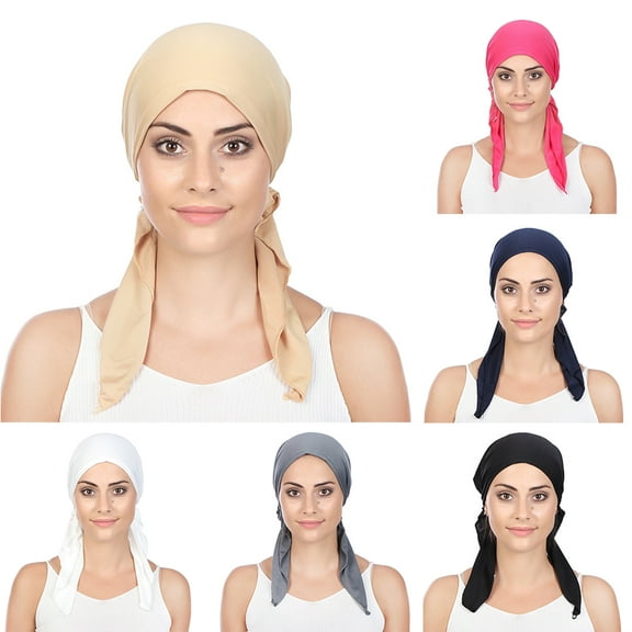 SPRING PARK Women Solid Color Long 2-Tail Casual Elastic Milk Silk Muslim Turban Hat Head Wrap