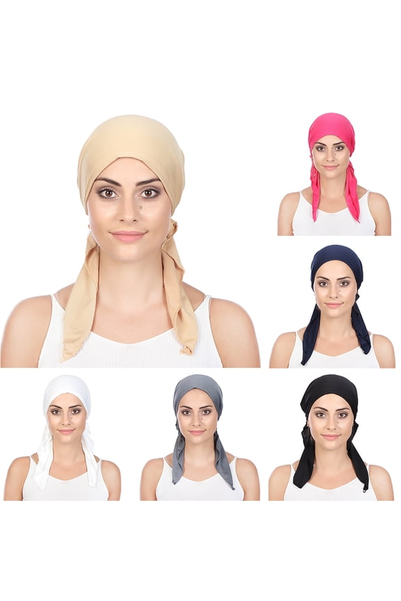 Women Solid Color Long 2-Tail Casual Elastic Milk Silk Muslim Turban Hat Head Wrap