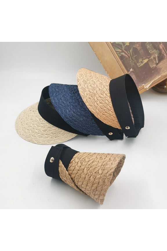 Women Summer Straw Hat Visor Fold able Roll Up Wide Brim Open Top Sun Cap