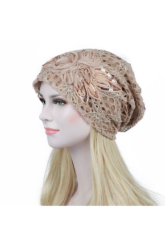 Women Turban Hats Slouchy Knitted Cap Flower Lace Butterfly Beanies Hat