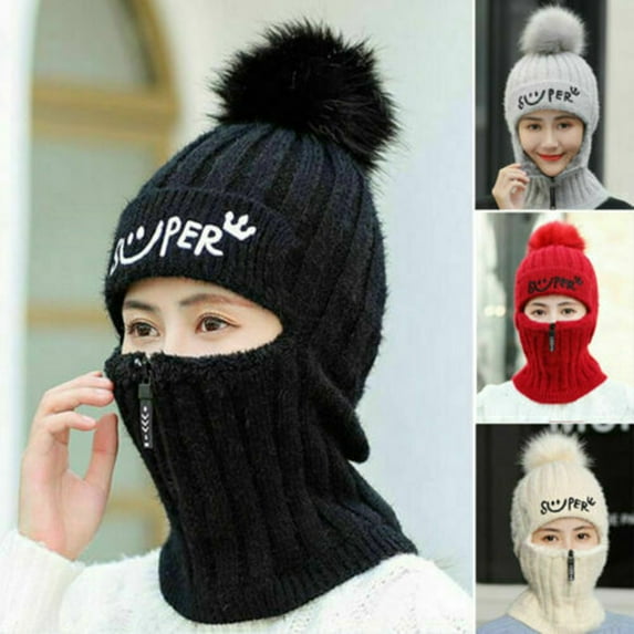 SPRING PARK Women Winter Casual Thick Knitted Woolen Warmth Zipper Cap Neck Gaiter Outdoor Single Pompon Hat with Face Cover