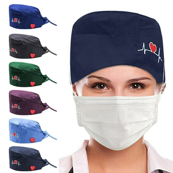 SPRING PARK Women's ECG Heart Embroidery Bouffant Scrub Cap, Black, One Size Fits Most