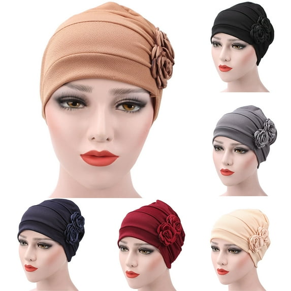 SPRING PARK Women's Elegant Double Rose Flowers Solid Color Muslim Beanie Cap Snood Cancer Hat for Chemo Hair Loss