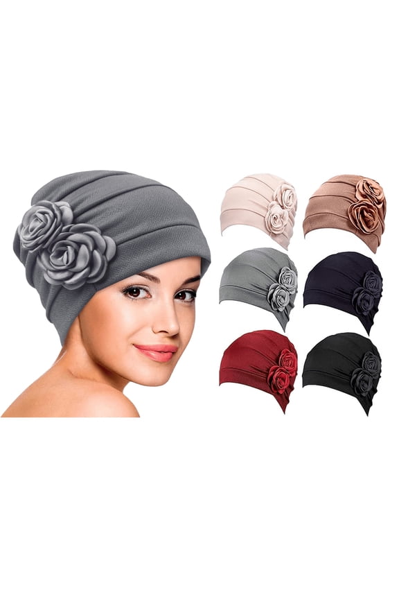 SPRING PARK Women's Elegant Double Rose Flowers Solid Color Muslim Beanie Cap Snood Cancer Hat for Chemo Hair Loss
