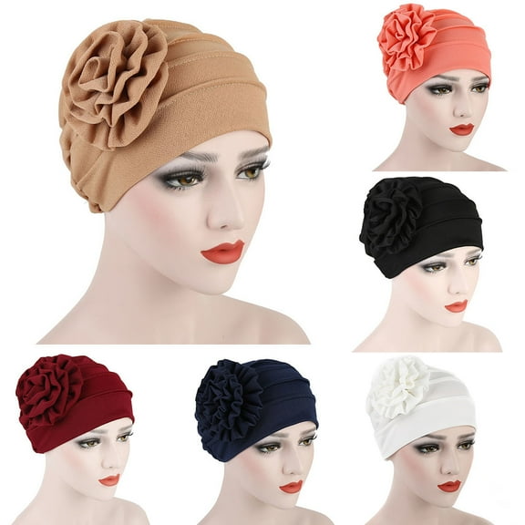 SPRING PARK Women's Elegant Single Flower Muslim Hijab Cap Solid Color Stretch Chemo Turban Hat Head Scarf