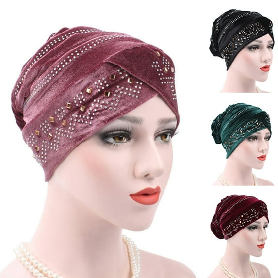 SPRING PARK Women's Elegant Velvet Stretch Turban Hat Lady's Hijab Cap Hair Loss Head Scarf Cover Headwear Cap