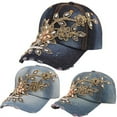 thumbnail image 1 of SPRING PARK Women's Embossing Flower Denim Baseball Cap Summer Rhinestone Snapback Jeans Hat, 1 of 5