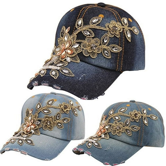 SPRING PARK Women's Embossing Flower Denim Baseball Cap Summer Rhinestone Snapback Jeans Hat