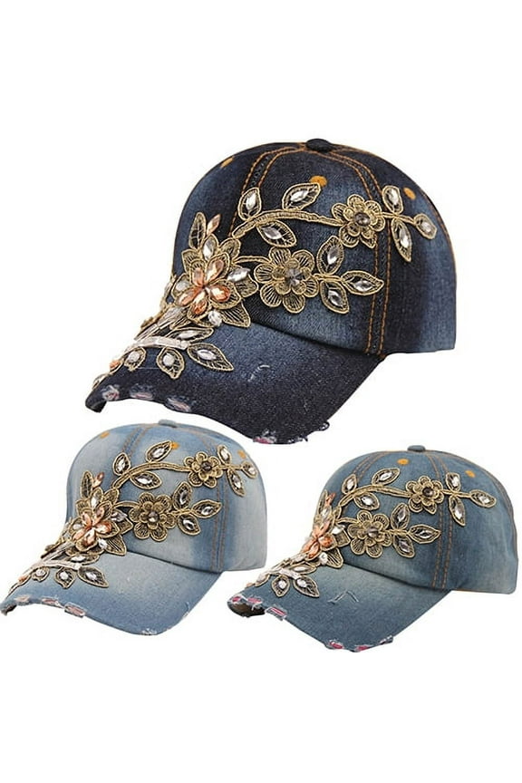 Women's Embossing Flower Denim Baseball Cap Summer Rhinestone Snapback Jeans Hat