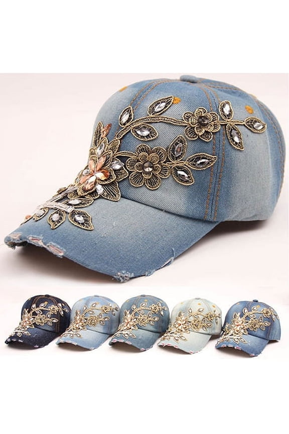 Women's Gorgeous Embossing Flower Denim Adjustable Baseball Cap Summer Rhinestone Inlaid Jeans Hat