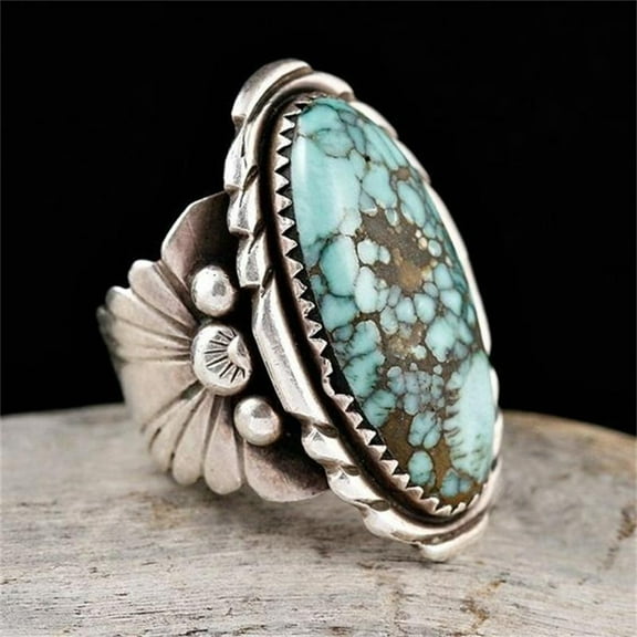 SPRING PARK Women's Ring Oval Cut Bohemia Turquoise Carved Ring Jewelry