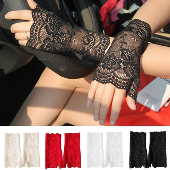 SPRING PARK Women's Sexy Lace Floral Long Fingerless Wedding Party Gloves Driving Gloves