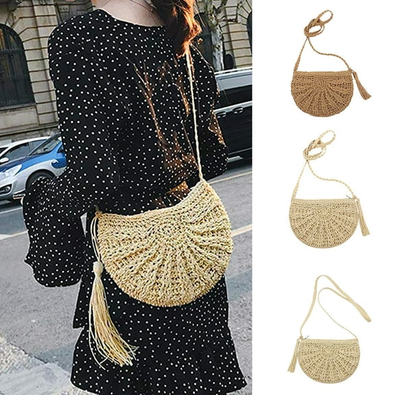 SPRING PARK Womens Crossbody Bags Boho Round Tassels Rattan Straw Summer Beach Crossbody Shoulder Bag