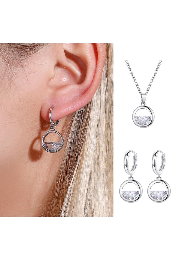 Womens Cubic Zirconia Hollow Round Stainless Steel Necklace Ear Stud Set Jewelry
