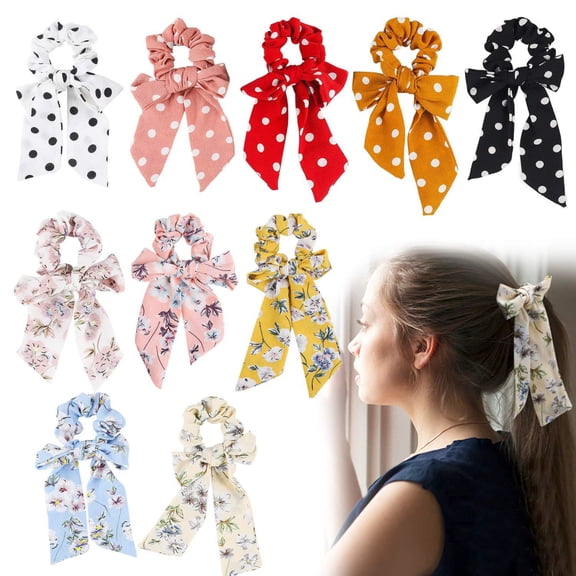 SPRING PARK Womens Polka Dot Floral Print Elastic Hair Band Ring Floral Bow Hair Ring
