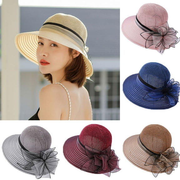 SPRING PARK Womens Sun Hat Flower Decor Wide Brim Anti-UV Sun Protection Beach Hat Women Banquet Hat Headwear