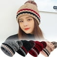 thumbnail image 1 of SPRING PARK Womens Winter Striped Beanie Crossed Cap Chunky Cable Knit Pompom Soft Warm Hat, 1 of 3