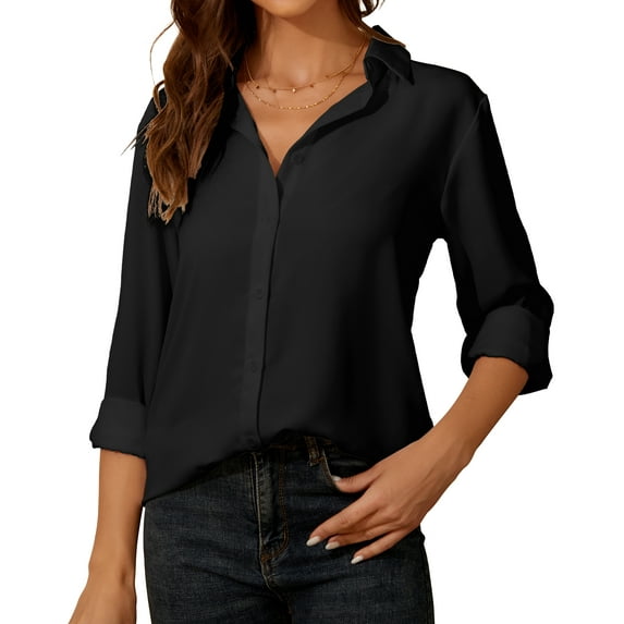 SPRING SEAON Women's Button Down Shirt Long Sleeve Classic Collared Tops Work Office Casual Chiffon Blouse