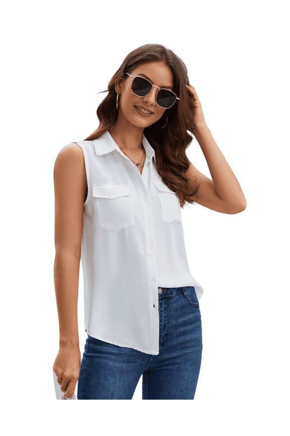 Women's Sleeveless Button Down Shirts Blouses Solid Casual Tank Top Loose V Neck Summer Top for Work