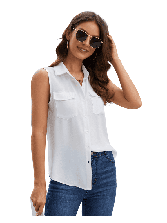 Women's Sleeveless Button Down Shirts Blouses Solid Casual Tank Top Loose V Neck Summer Top for Work
