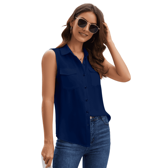 SPRING SEAON Women's Sleeveless Button Down Shirts Blouses Solid Casual Tank Top Loose V Neck Summer Top for Work