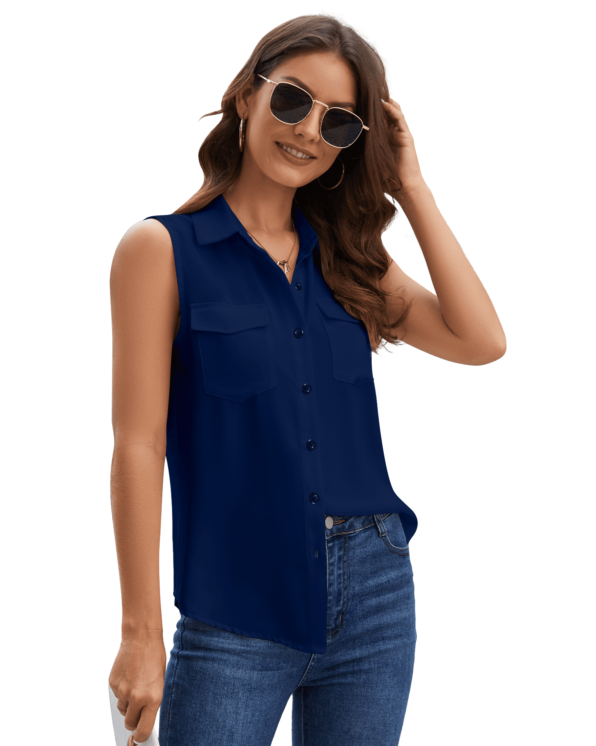 SPRING SEAON Women's Sleeveless Button Down Shirts Blouses Solid Casual ...