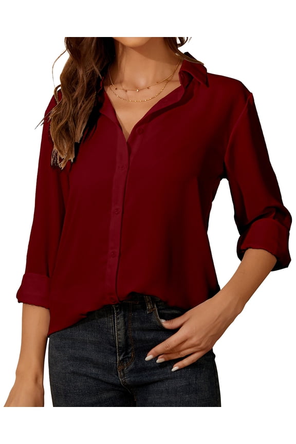 Womens Button Down Shirt Long Sleeve Classic Collared Tops Work Office Casual Chiffon Blouse