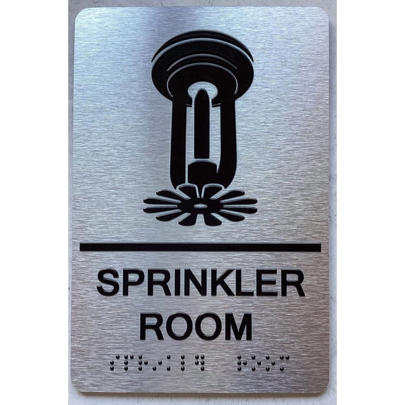 SPRINKLER ROOM SIGN WITH RAISED LETTERS/IMAGE & GRADE 2 BRAILLE - INCLUDES RED ADHESIVE PAD FOR EASY INSTALLATION (6" W X 9" H,BRUSHED ALUMINUM/SILVER, TACTICLE SIGN) - THE PARK AVE LINE
