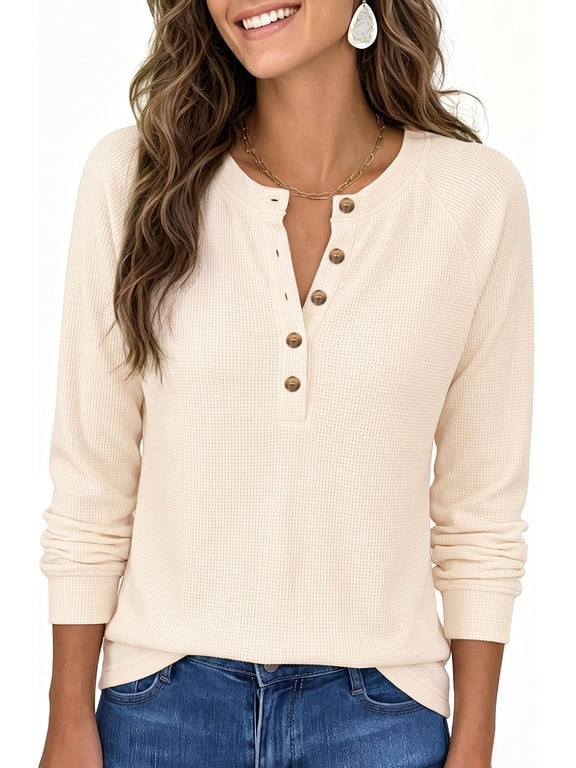 Blouses for Women Waffle Knit Long Sleeve Shirts Casual Button Up Henley V Neck Tunic Tops Basic Tees