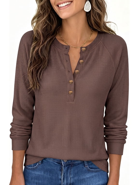 Blouses for Women Waffle Knit Long Sleeve Shirts Casual Button Up Henley V Neck Tunic Tops Basic Tees