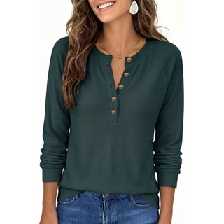 SPROUTOP Blouses for Women Waffle Knit Long Sleeve Shirts Casual Button Up Henley V Neck Tunic Tops Basic Tees