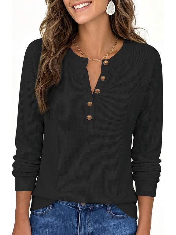 Blouses for Women Waffle Knit Long Sleeve Shirts Casual Button Up Henley V Neck Tunic Tops Basic Tees