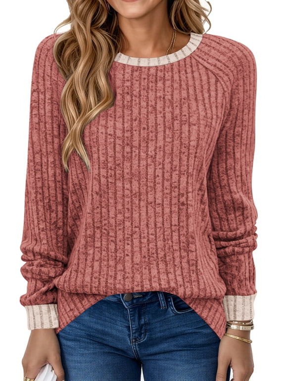 Fall Blouses for Women Long Sleeve Crew Neck Sweatshirt Ladies Color Block Casual Tops