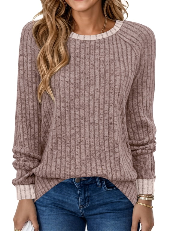 Fall Blouses for Women Long Sleeve Crew Neck Sweatshirt Ladies Color Block Casual Tops