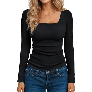SPROUTOP Slim Fit Blouse for Women Long Sleeve Square Neck Shirts Ribbed Fall Ladies Casual Basic Tops