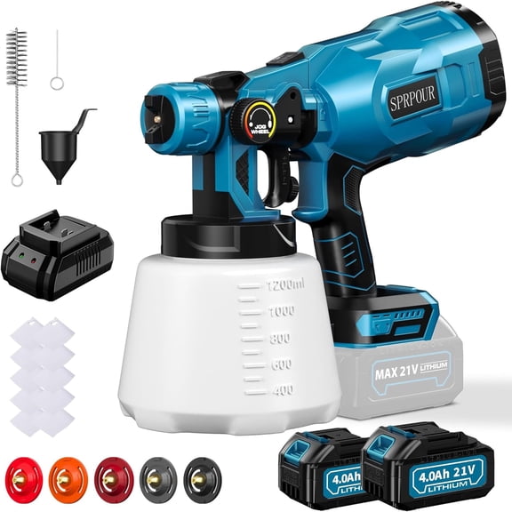 SPRPOUR Cordless Paint Sprayer with 2x4000mAh Battery, 1000W High Power Electric HVLP Paint Sprayer Gun with 1200ml Large Container, 5 Copper Nozzles for Home and Furniture Painting