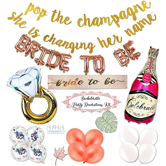 SPSS INNOVATIVE Bachelorette| Bride to Be Decoration | Banner Sash| Champagne Bottle Diamond Ring Balloons| Pop The Champagne| Heart Confetti