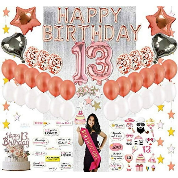 SPSS INNOVATIVE Girl 13th Birthday Decorations 153 Pcs with Sash, Cake Topper, Banner, Confetti, Props, Backdrop, Balloons, Rose Gold, her gift, finally teen, 13 yrs age girl, No# 1 Kit