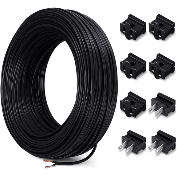 SPT-1W 164FT Extension Hookup Electrical Wire 18/1 Zip Cord with 8 Additional Vampire Plugs Stranded Wire for Outdoor Stranded Copper Landscape Lighting Christmas(Black)