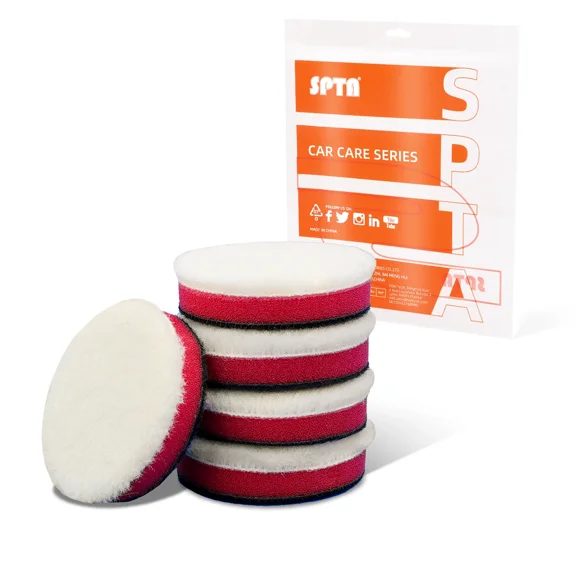 SPTA 5 Pack 2 Inch 50mm Wool Polishing Pads Detailing, T120 Heavy Cut Wool Pad to Remove 1200#/1500# Sanding Disc Marks, Deep Scratches, Orange Peel and Heavy Oxidation for Automotive, Car, RV