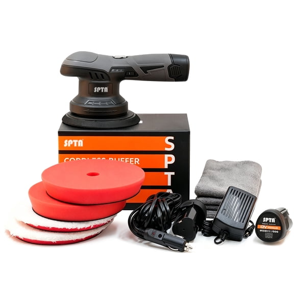 SPTA Cordless Car Buffer Polisher with 2Pcs 12V Lithium Rechargeable Battery 6 Inch Finish Polishing Pads and Microfiber Pads Kit For Waxing