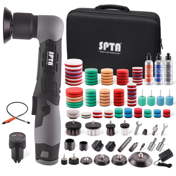 SPTA Cordless Mini Polisher Kit with 30Pcs Flexible Shaft Buffing Polishing Pads,12V Micro Cordless Scratches Killer Car Polisher RO/DA Mini Auto Machine Set for polishing, Sanding and Cleaning