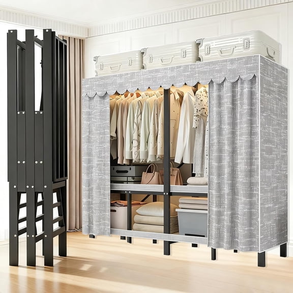 SPTZQURY Foldable Portable Wardrobe Closet for Hanging Clothes Heavy Duty Rolling Clothes Rack with Door Freestanding Rolling Metal Folding Garment Rack with Wheels (C,Grey Cover, 125cm/49.2in)