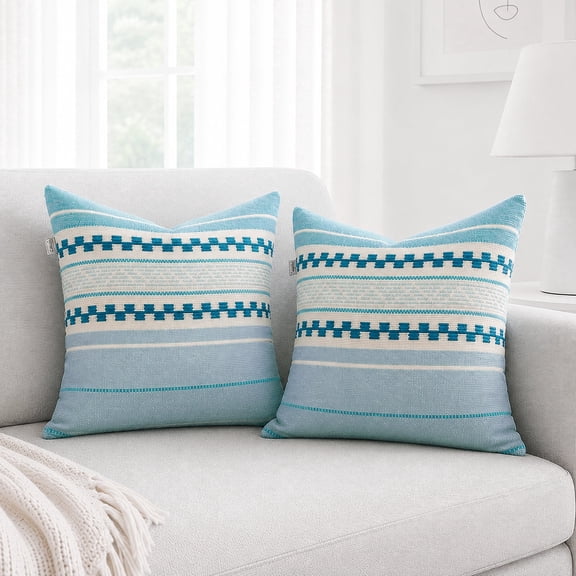 SPUN 18" x 18" 100% Cotton 2-Pack Hand-Woven Decorative Throw Pillow Cover, Multicolor Stripe Throw Pillow Cover for Couch Sofa Bed, Malibu Coastal, Blue & White