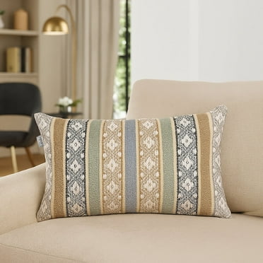SPUN 14" x 24" 100% Cotton Hand-Woven Decorative Throw Pillow Cover, Abstract Multicolor Stripe Throw Pillow Cover for Couch Sofa Bed, Paris Boho, Beige & Blue