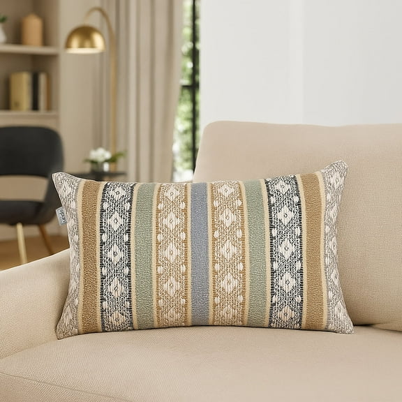 SPUN 14" x 24" 100% Cotton Hand-Woven Decorative Throw Pillow Cover, Abstract Multicolor Stripe Throw Pillow Cover for Couch Sofa Bed, Paris Boho, Beige & Blue